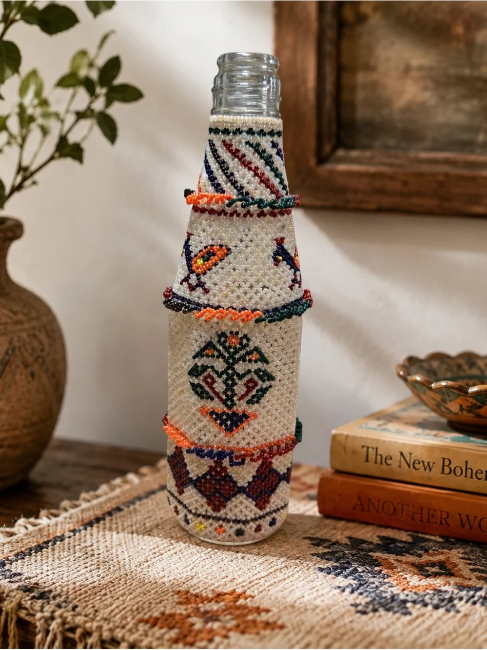 Vintage 1970’s Ethnic Tribal Handmade Beaded Decorative Glass Bottle 9” Tall